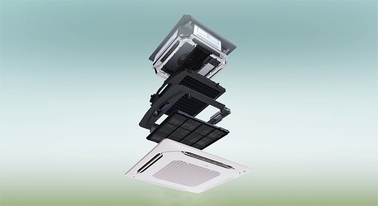 Die Explosionsgrafik zeigt den systematischen Aufbau der 5-Stufen-Filtration des LG Kompaktlüftungssystems.