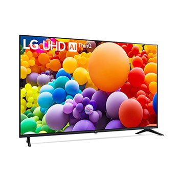 Rechte schräge Frontansicht des LG UHD AI ThinQ 4K UT73 Smart TV mit buntem Startbildschirm.