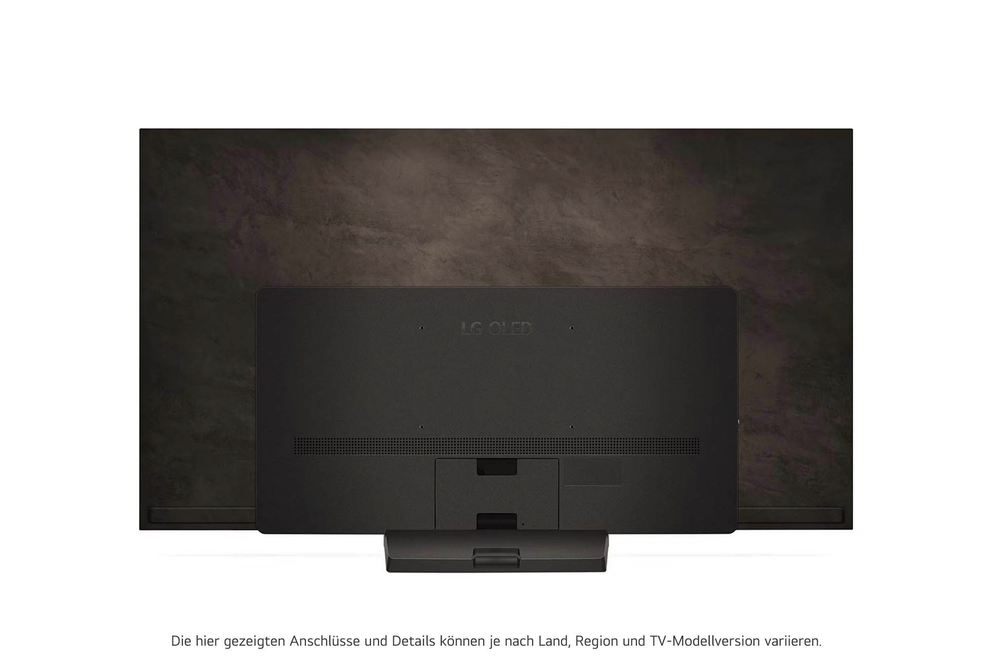 Rückansicht des LG OLED evo AI C4 4K Smart TV mit sichtbarem Standfuß und Anschlussfeld