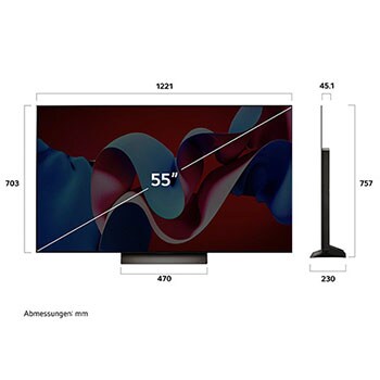 Maßzeichnung des 55-Zoll LG OLED evo AI C4 4K Smart TV mit Abmessungen in Millimetern