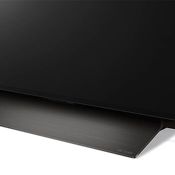 Nahaufnahme des Standfußes des LG OLED evo AI C4 4K Smart TV mit gebürstetem Metallic-Finish.