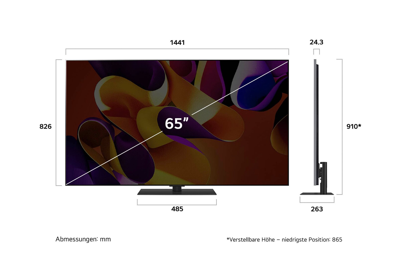 Maßzeichnung des LG OLED evo AI G4 4K Smart TV mit Breite, Höhe und Tiefe in mm inklusive Standfuß.
