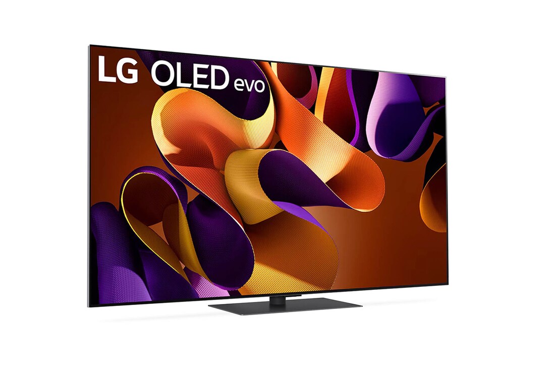 Rechte schräge Draufsicht auf den LG OLED evo AI G4 4K Smart TV mit sichtbarer Tiefe und Standfuß