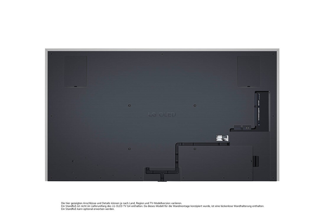 Rückansicht des LG OLED evo AI G4 4K Smart Wand-TVs mit aufgeräumtem Kabelmanagement und flacher Wandmontage