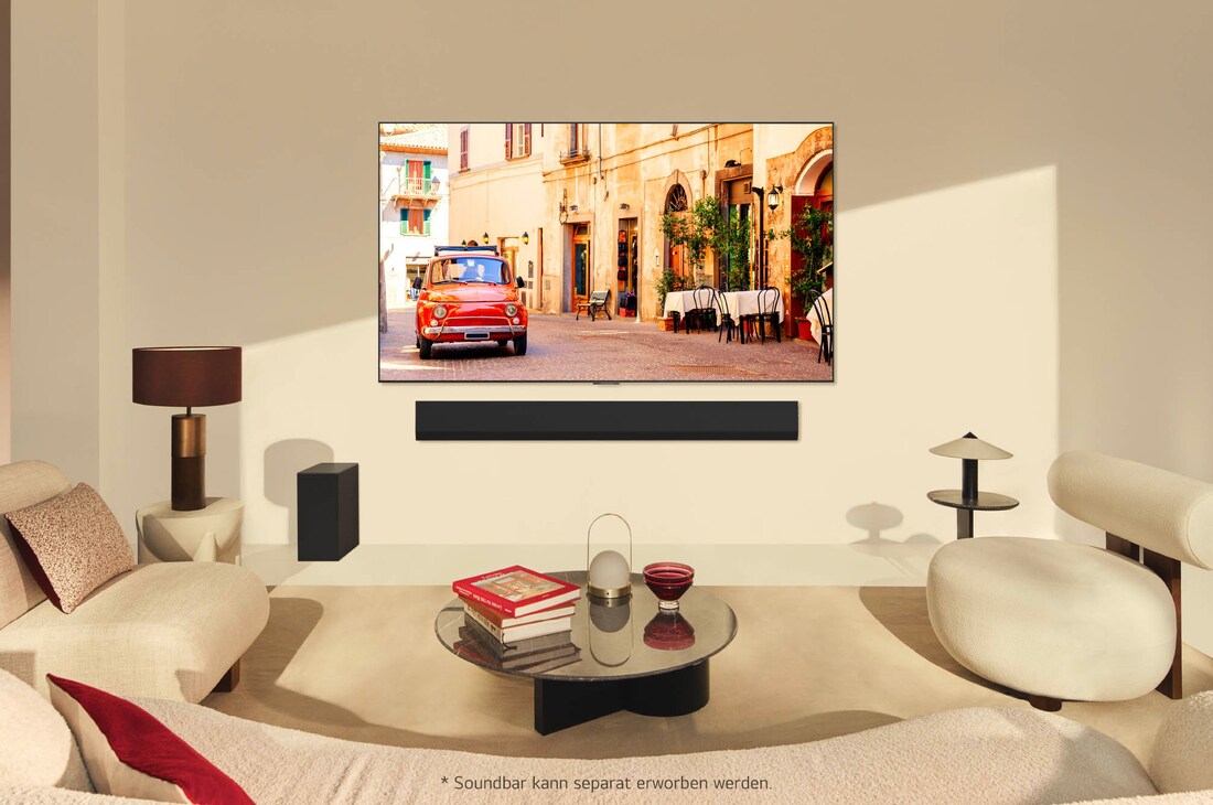 LG OLED evo AI G4 4K Smart Wand-TV in einem modernen Wohnzimmer mit Soundbar (separat erhältlich)