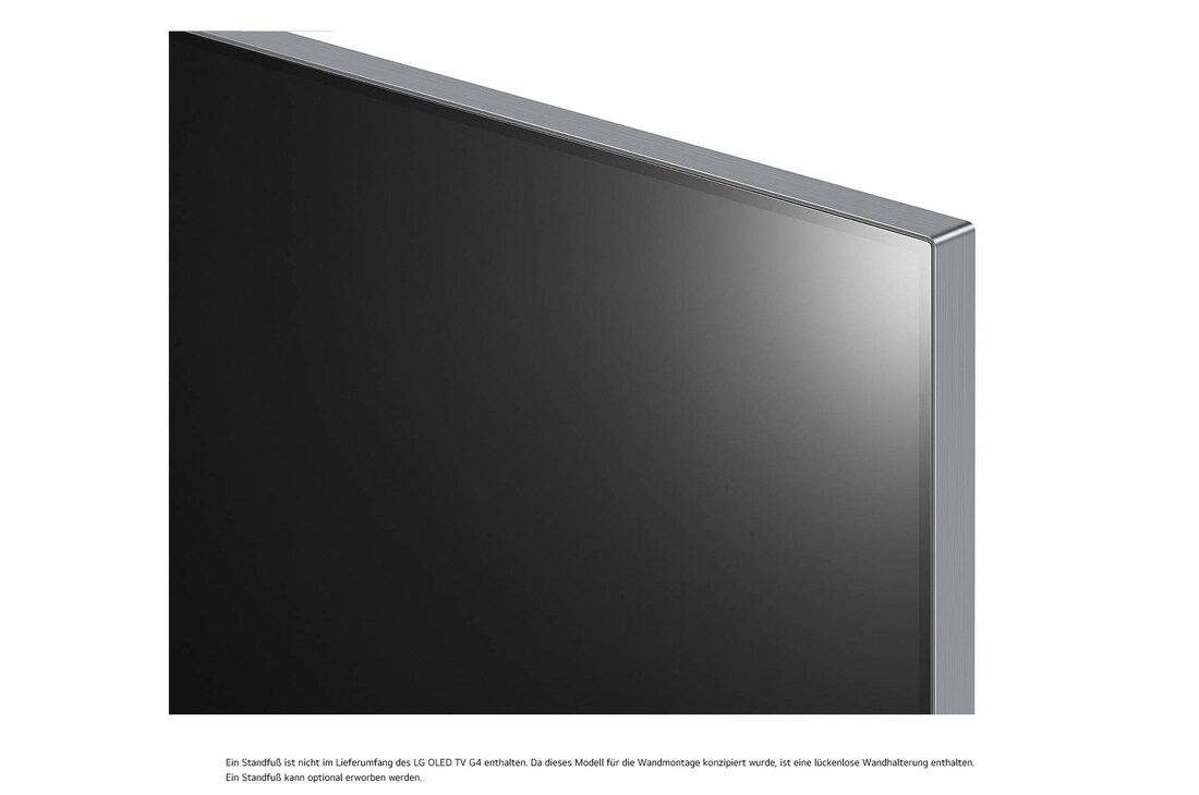 Schrägansicht der Ecke des LG OLED evo AI G4 4K Smart Wand-TVs mit Metallrahmen und minimalistischer Ästhetik
