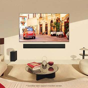 LG OLED evo AI G4 4K Smart Wand-TV in einem modernen Wohnzimmer mit Soundbar (separat erhältlich)