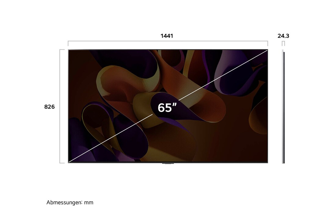 Abmessungen des LG OLED evo AI G4 4K Smart Wand-TVs: 1441 x 826 x 28,2 mm mit 65 Zoll Bildschirm