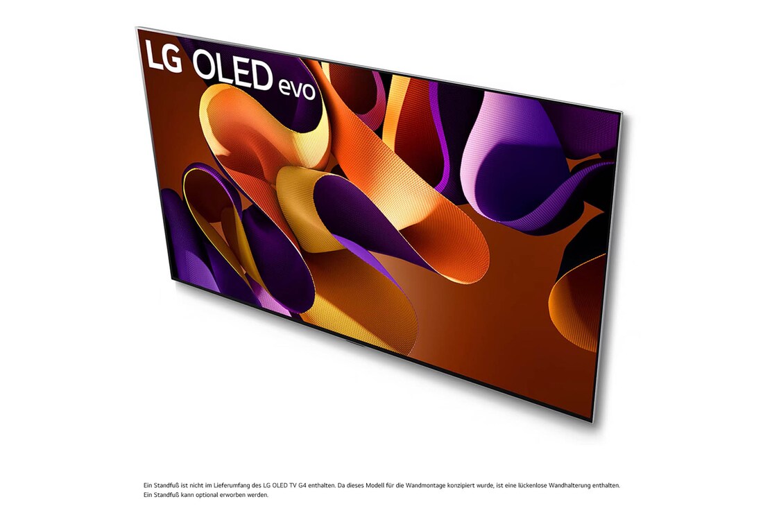Linker Winkel des LG OLED evo AI G4 4K Smart Wand-TVs mit nahezu unsichtbarem Rahmen und ultraschlanker Form