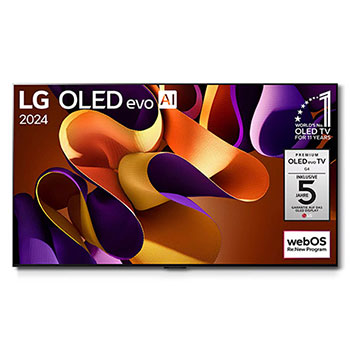 Frontansicht des an der Wand montierten LG OLED evo AI G4 4K Smart TV mit lebendigem Kunstwerk und KI-optimiertem 4K-Display