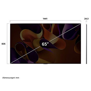 Abmessungen des LG OLED evo AI G4 4K Smart Wand-TVs: 1441 x 826 x 28,2 mm mit 65 Zoll Bildschirm
