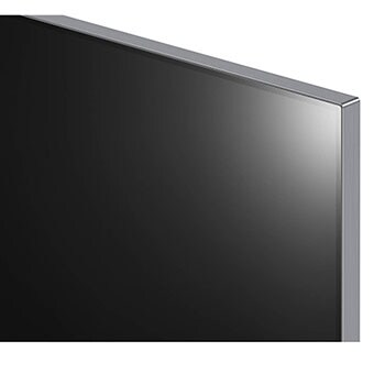 Schrägansicht der Ecke des LG OLED evo AI G4 4K Smart Wand-TVs mit Metallrahmen und minimalistischer Ästhetik