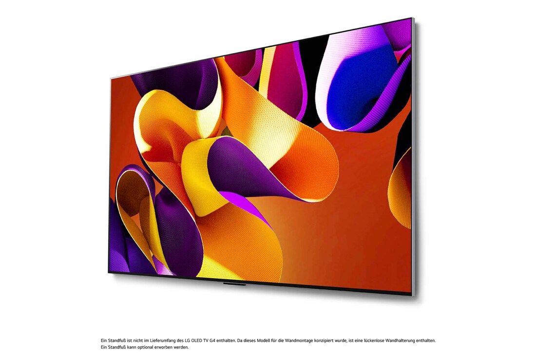 LG OLED evo AI G4 4K Smart Wand-TV aus stärker geneigtem linken Blickwinkel mit nahtloser Wandintegration und beeindruckendem Bildschirm