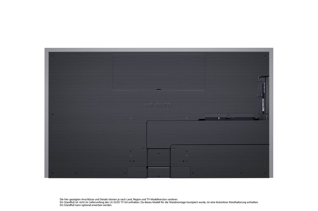 Rückansicht des LG OLED evo AI G4 4K Smart Wand-TVs mit aufgeräumtem Kabelmanagement und flacher Wandmontage