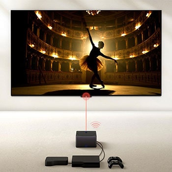 Zero Connect Box mit Spielkonsole und Set-Top-Box verbunden, überträgt kabellos eine Ballettaufführung auf den LG Signature OLED M4 True Wireless TV Fernseher.