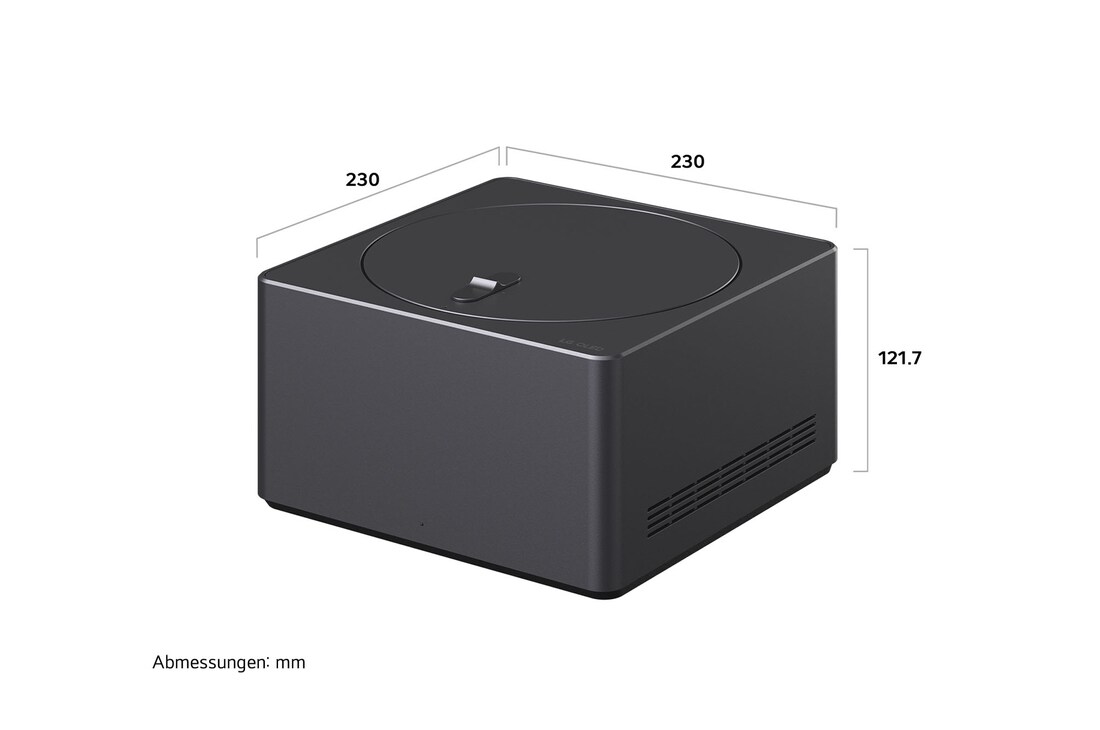 Maßgrafik der Zero Connect Box für den LG Signature OLED M4 True Wireless TV Fernseher mit Breite, Höhe und Tiefe in mm.