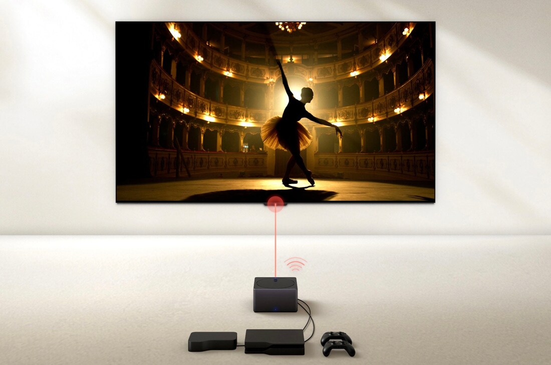 Zero Connect Box mit Spielkonsole und Set-Top-Box verbunden, überträgt kabellos eine Ballettaufführung auf den LG OLED evo AI M4 4K Smart TV Fernseher.
