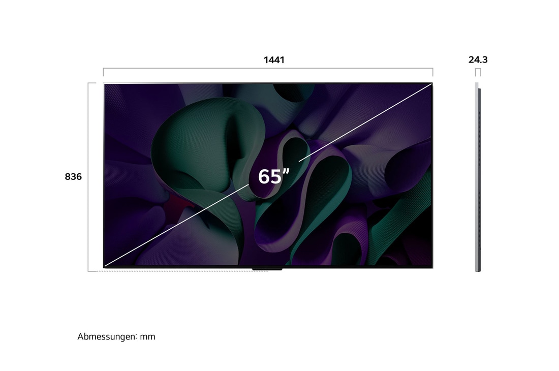 Maßgrafik des LG OLED evo AI M4 4K Smart TV Fernsehers mit Breite, Höhe und Profiltiefe in mm.