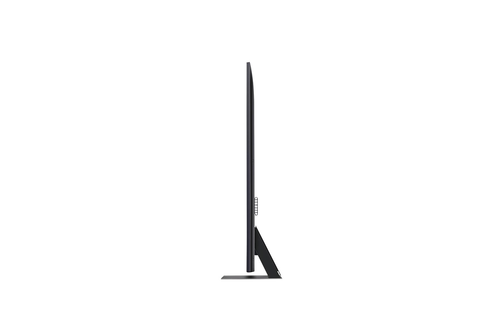 Seitenprofilansicht des LG QNED86 AI 4K Smart Fernsehers, die sein schlankes Design und die Form des Standfußes hervorhebt.