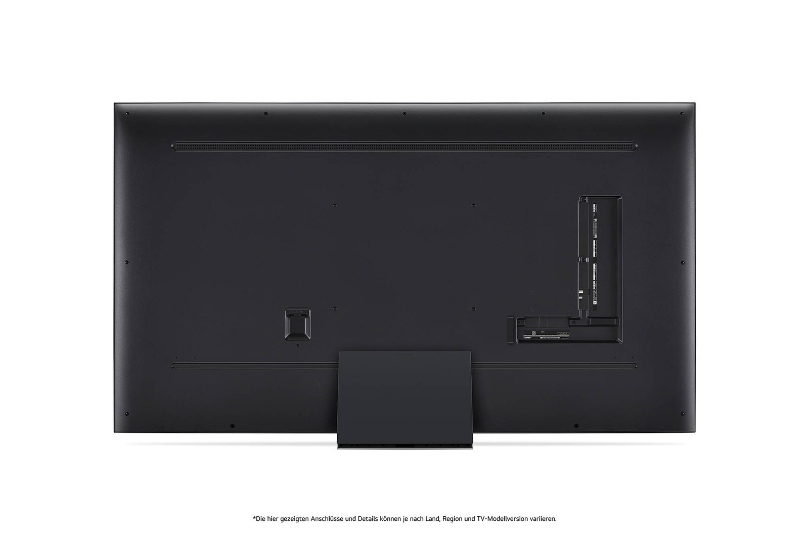 Rückansicht des LG QNED86 AI 4K Smart Fernsehers, zeigt das Design der Rückseite, die Standfußstruktur und den Bereich der Anschlüsse.