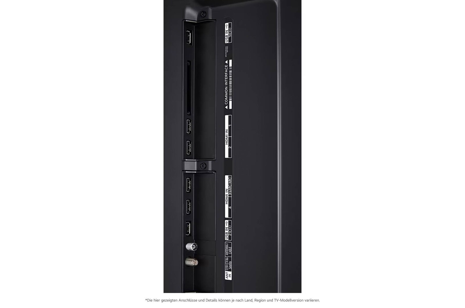 Detaillierte Nahaufnahme der seitlichen Anschlüsse des LG QNED86 AI 4K Smart Fernsehers, zeigt HDMI (eARC), USB und Antenneneingänge.