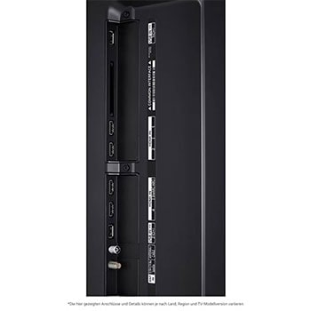 Detaillierte Nahaufnahme der seitlichen Anschlüsse des LG QNED86 AI 4K Smart Fernsehers, zeigt HDMI (eARC), USB und Antenneneingänge.