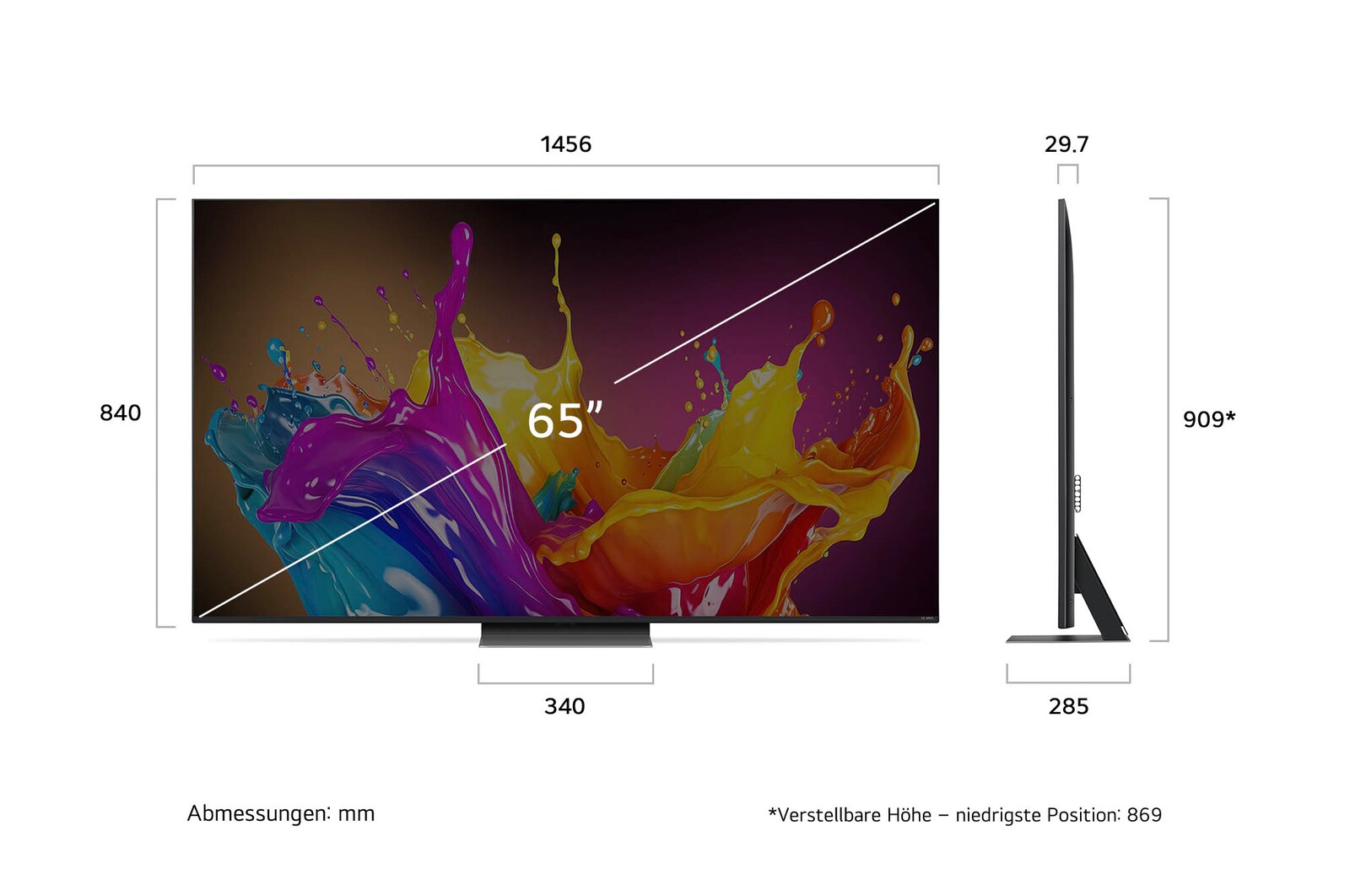Abmessungen des 65-Zoll LG QNED86 AI 4K Smart Fernsehers, zeigt Breite, Höhe, Tiefe und Standfußmaße in mm.