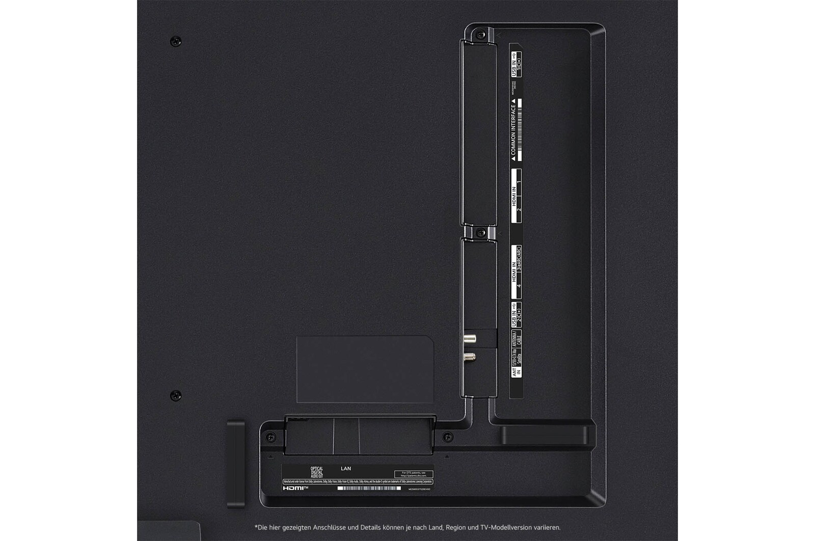 Nahaufnahme der Anschlüsse des LG QNED86 AI 4K Smart Fernsehers, einschließlich HDMI, USB, Antenne, CI-Slot und LAN.