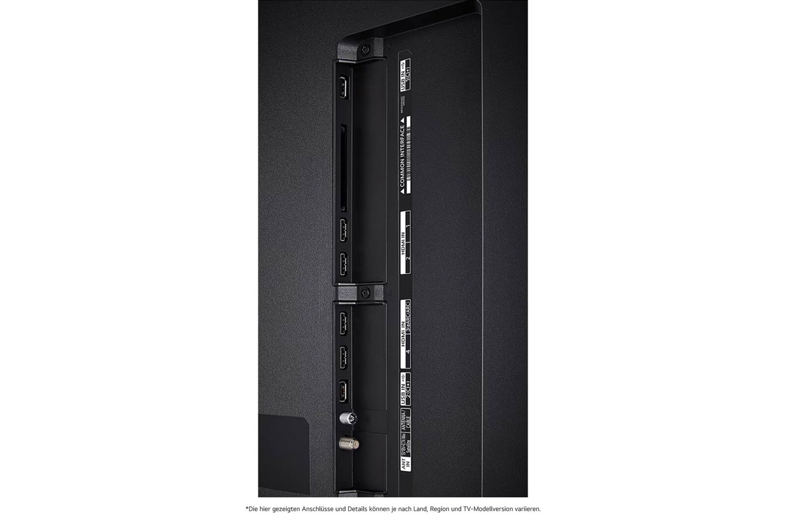 Detaillierte Nahaufnahme der seitlichen Anschlüsse des LG QNED86 AI 4K Smart Fernsehers, zeigt HDMI (eARC), USB und Antenneneingänge.