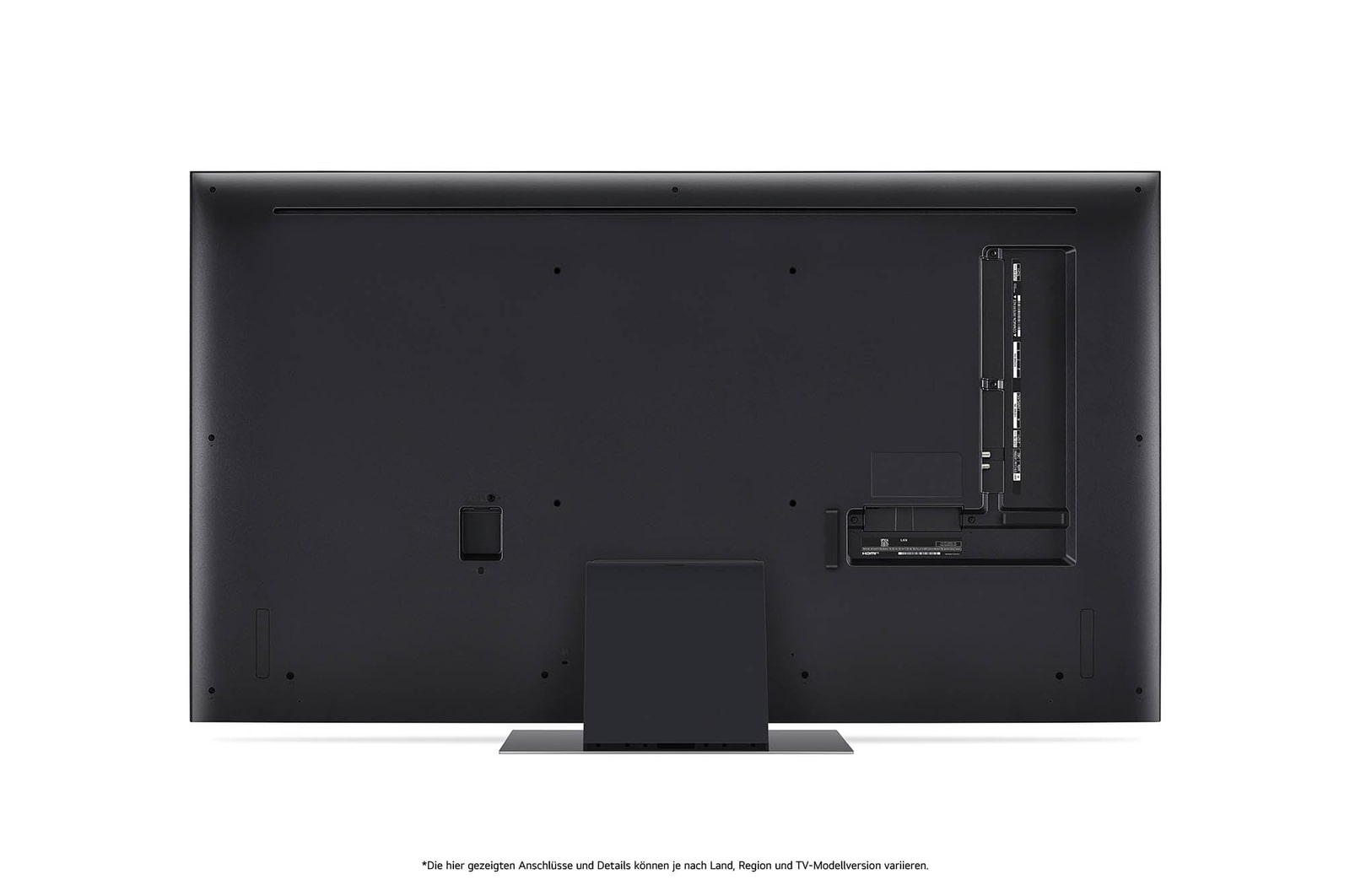 Rückansicht des LG QNED86 AI 4K Smart Fernsehers, zeigt das Design der Rückseite, die Standfußstruktur und den Bereich der Anschlüsse.