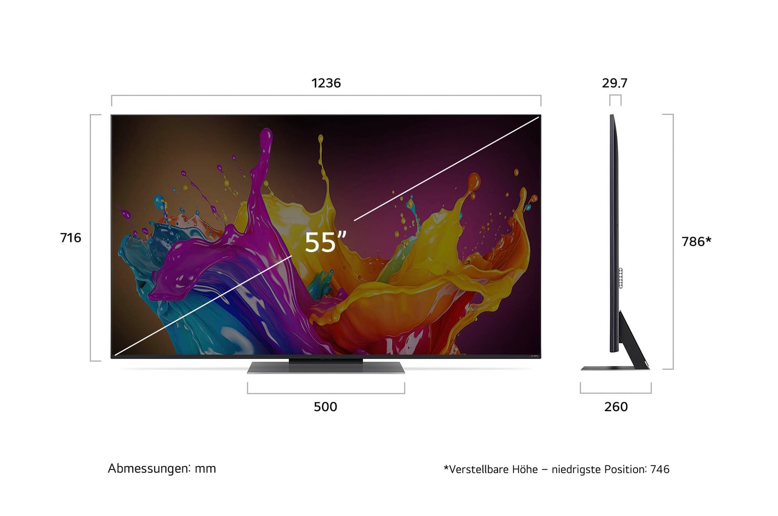 Abmessungen des 55-Zoll LG QNED86 AI 4K Smart Fernsehers, zeigt Breite, Höhe, Tiefe und Standfußmaße in mm.