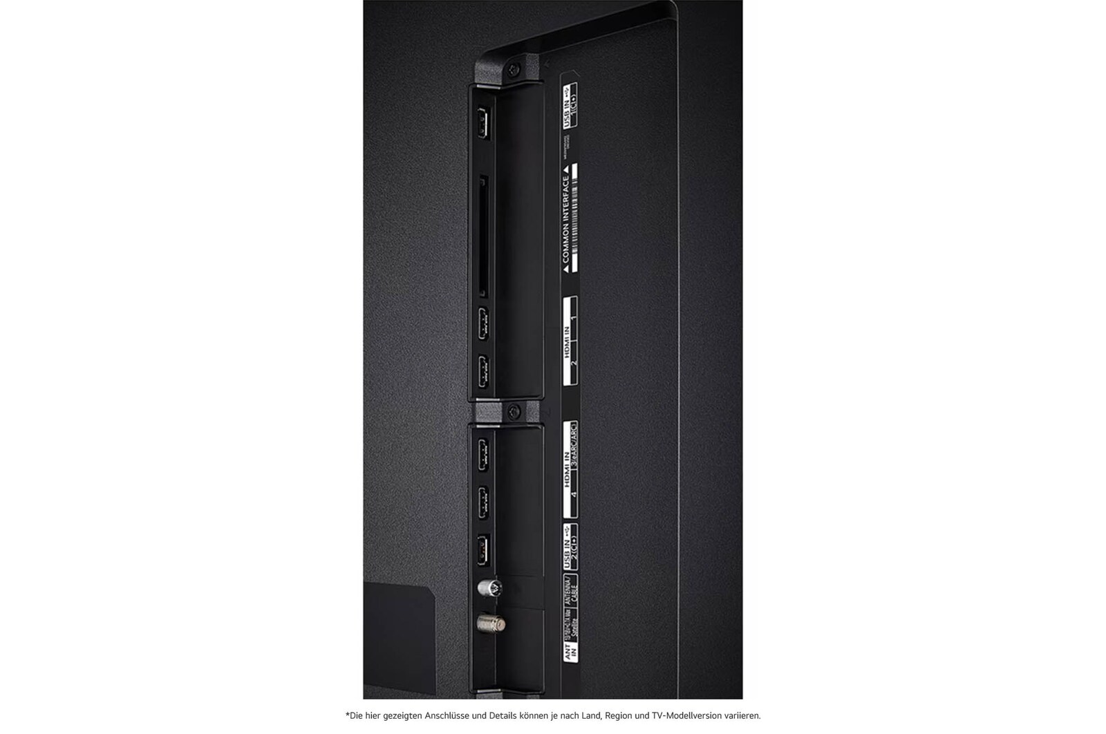 Detaillierte Nahaufnahme der seitlichen Anschlüsse des LG QNED86 AI 4K Smart Fernsehers, zeigt HDMI (eARC), USB und Antenneneingänge.
