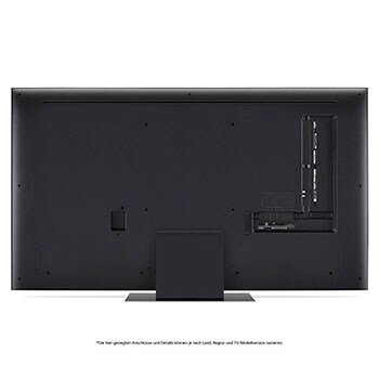 Rückansicht des LG QNED86 AI 4K Smart Fernsehers, zeigt das Design der Rückseite, die Standfußstruktur und den Bereich der Anschlüsse.