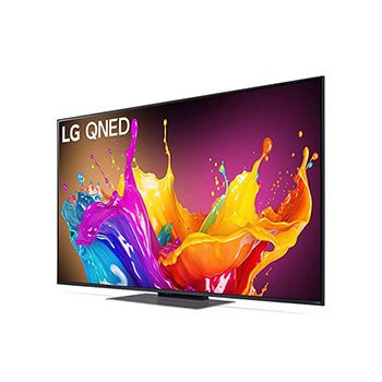 LG QNED86 AI 4K Smart Fernseher aus einer stärker angewinkelten vorderen rechten Perspektive betrachtet, hebt das Seitenprofil und das Standfußdesign hervor.
