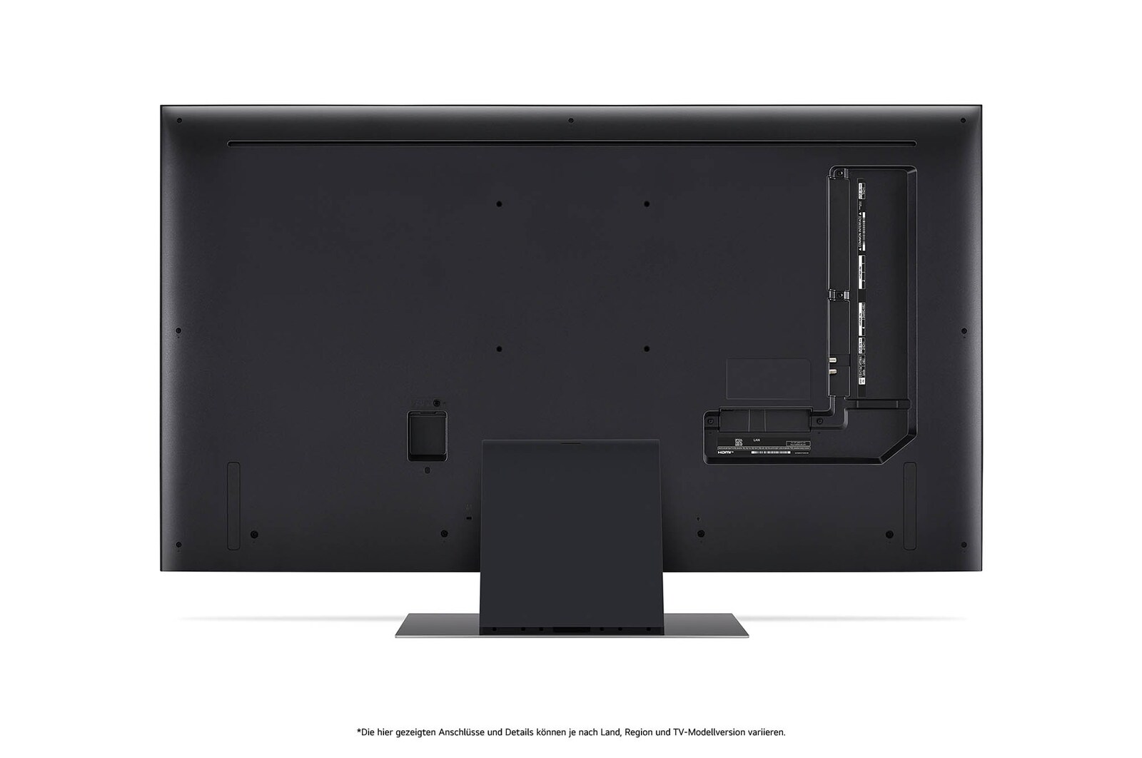 Rückansicht des LG QNED86 AI 4K Smart Fernsehers, zeigt das Design der Rückseite, die Standfußstruktur und den Bereich der Anschlüsse.