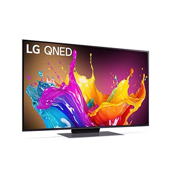 LG QNED86 AI 4K Smart Fernseher aus einer vorderen linken Perspektive, zeigt den Bildschirm mit lebendiger abstrakter Kunst.