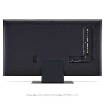 Rückansicht des LG QNED86 AI 4K Smart Fernsehers, zeigt das Design der Rückseite, die Standfußstruktur und den Bereich der Anschlüsse.