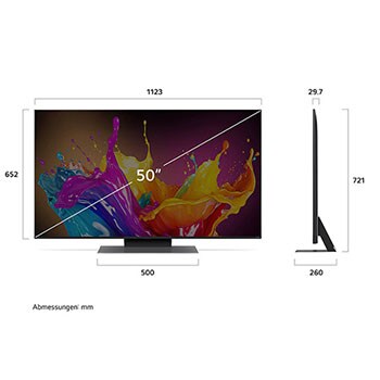 Abmessungen des 50-Zoll LG QNED86 AI 4K Smart Fernsehers, zeigt Breite, Höhe, Tiefe und Standfußmaße in mm.