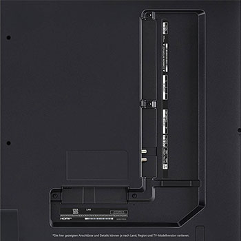 Nahaufnahme der Anschlüsse des LG QNED86 AI 4K Smart Fernsehers, einschließlich HDMI, USB, Antenne, CI-Slot und LAN.