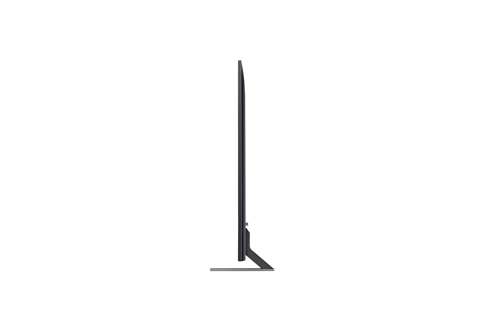 Linke Seitenprofilansicht des LG QNED MiniLED AI QNED85 4K Smart Fernsehers, die sein schlankes Design und die Form des zentralen Standfußes hervorhebt.