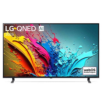 Vorderansicht des LG QNED MiniLED AI QNED85 4K Smart Fernsehers (Modell 2024) mit lebendiger abstrakter Kunst auf dem Bildschirm.