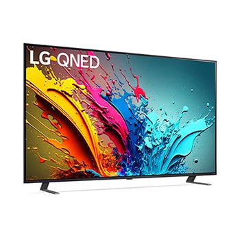 LG QNED MiniLED AI QNED85 4K Smart Fernseher aus einer vorderen linken Perspektive, zeigt Bildschirm und zentralen Standfuß.