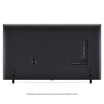 Rückansicht des LG QNED MiniLED AI QNED85 4K Smart Fernsehers, zeigt das Design der Rückseite, Anschlüsse und die zentrale Standfußverbindung.