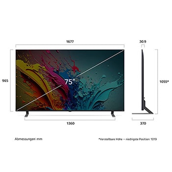 Diagramm mit Abmessungen (mm) für den 75 Zoll LG QNED MiniLED AI QNED85 4K Smart TV: B 1677, H 1055*, T 370. Panel-Tiefe 30,9.