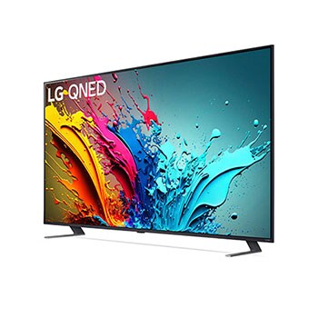 LG QNED MiniLED AI QNED85 4K Smart Fernseher aus einer stärker angewinkelten vorderen rechten Perspektive, zeigt Bildschirm und zentralen Standfuß.