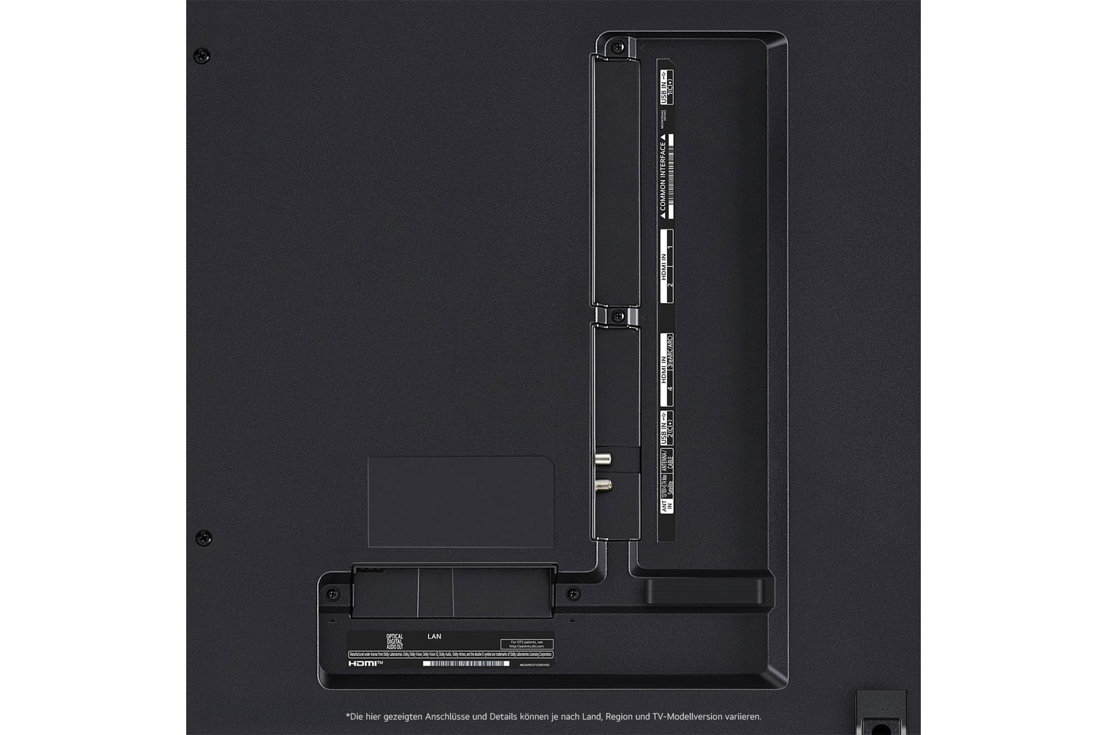 Nahaufnahme der Anschlüsse des LG QNED MiniLED AI QNED85 4K Smart Fernsehers, einschließlich Zugang zu HDMI, USB und Antenne.