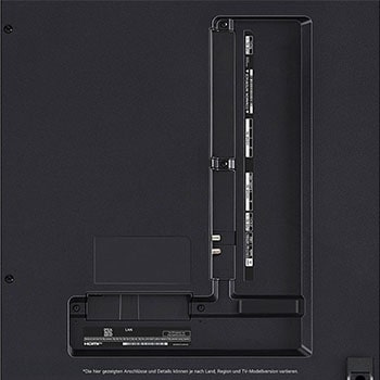 Nahaufnahme der Anschlüsse des LG QNED MiniLED AI QNED85 4K Smart Fernsehers, einschließlich Zugang zu HDMI, USB und Antenne.