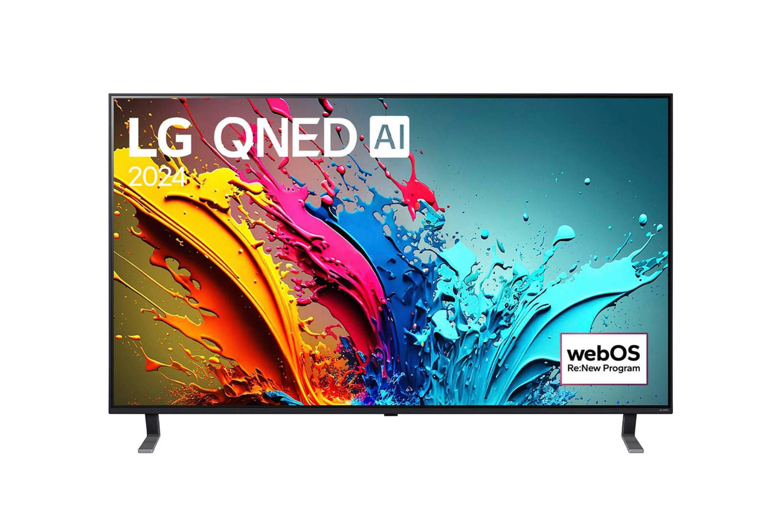 Vorderansicht des LG QNED MiniLED AI QNED85 4K Smart Fernsehers (Modell 2024) mit lebendiger abstrakter Kunst auf dem Bildschirm.
