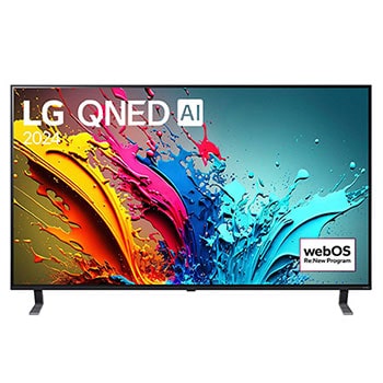 Vorderansicht des LG QNED MiniLED AI QNED85 4K Smart Fernsehers (Modell 2024) mit lebendiger abstrakter Kunst auf dem Bildschirm.