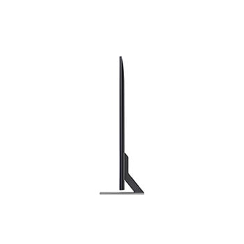 Linke Seitenprofilansicht des LG QNED MiniLED AI QNED85 4K Smart Fernsehers, die sein schlankes Design und die Form des zentralen Standfußes hervorhebt.
